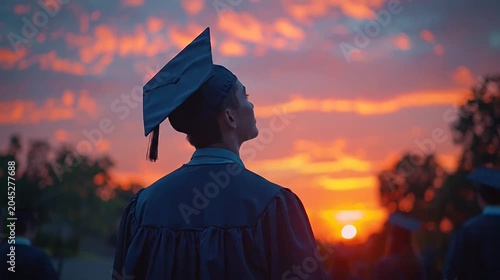 Rear view of graduate in gown, cap, facing a brilliant orange and pink sunset