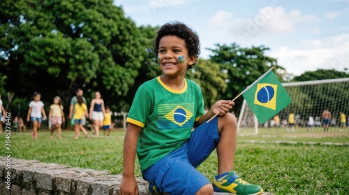 Happy Brazilian boy holding a Brazil flag in a sunny public park