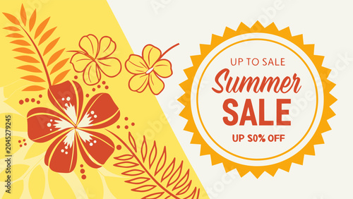 Quadro em tela Bright Summer Sale Banner with Floral Elements and Up to 50 Percent Off Discount