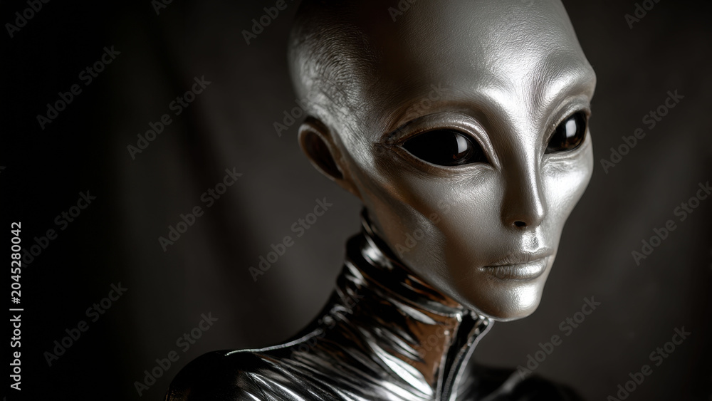 Obraz premium Photorealistic extraterrestrial portrait with large black eyes and metallic skin texture in dark atmosphere, close up science fiction alien character concept, mysterious intelligent life form