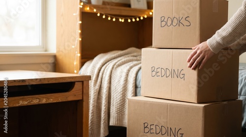 Young Woman Packing Cardboard Boxes for College Dorm Move In Day
