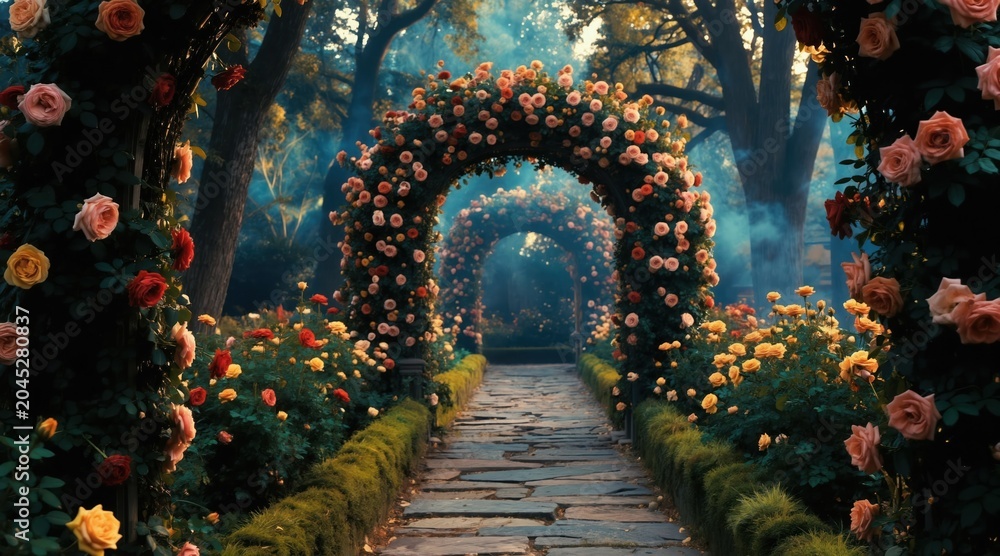 Naklejka premium Stone path leads through garden arches covered in blooming roses. Sunlight filters through trees creating mystical forest atmosphere. Rich green plants, floral displays offer serene, tranquil escape,