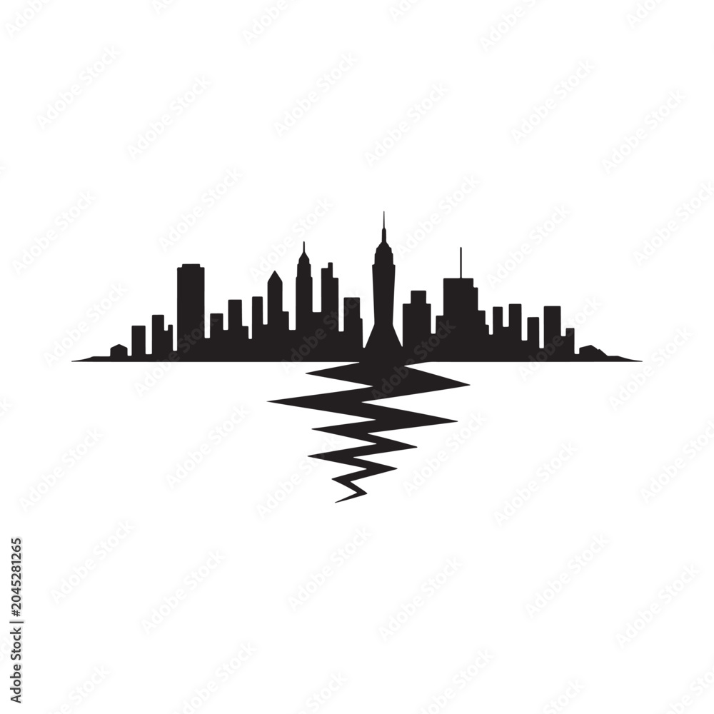 Fototapeta premium Cityscape Silhouette With Wavy Reflection Black On White Background