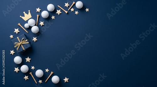 Happy fathers day golf celebration background with crown and copyspace background celebration greeting equipment arrangement paternal surprise