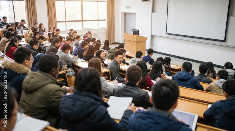 Obraz premium Diverse University Students Attending Lecture in Modern Classroom Setting for Academic Education and Learning Concept