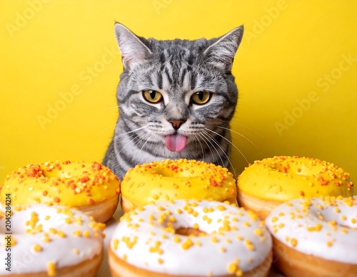 A tabby cat, with its tongue sticking out, sits behind a row of decorated doughnuts. The background is a bright yellow