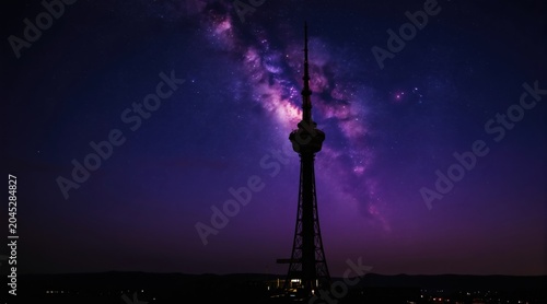 Tower silhouette against milky way galaxy. Night sky with stars above city skyline. Tall structure reaching cosmic expanse. Communication hub against universe.