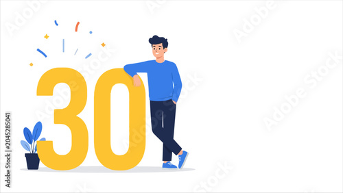 Vector illustration of a young man leaning on a giant yellow number thirty celebrating his thirtieth birthday or anniversary.