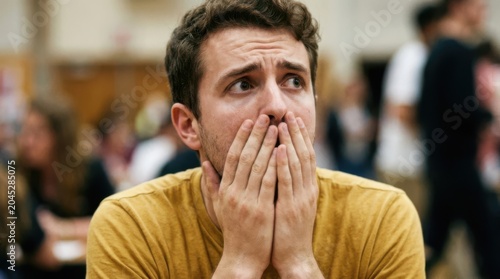 Shocked young man with hands on his face looking surprised