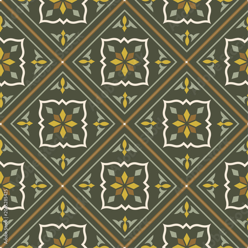 Vintage Olive Green Floral Tile Seamless Pattern Geometric Ornamental Wallpaper