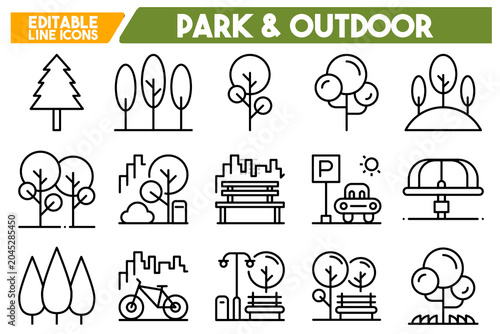 Park and Outdoor Recreation Line Icons Set Nature Leisure Editable Stroke