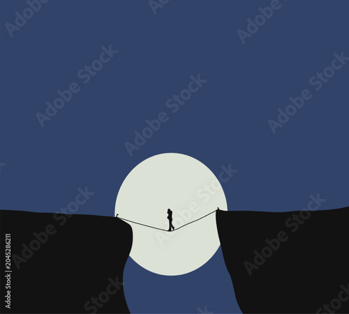 Silhouette of man walking on rope bridge under full moon in the dark sky on mountain peaks. Risk, challenge, and stability concept