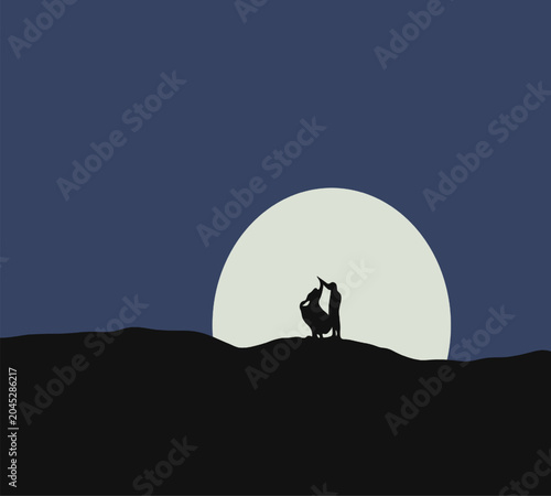 Silhouette of couple dancing on the mountain under full moon in the dark sky. Romantic evening.