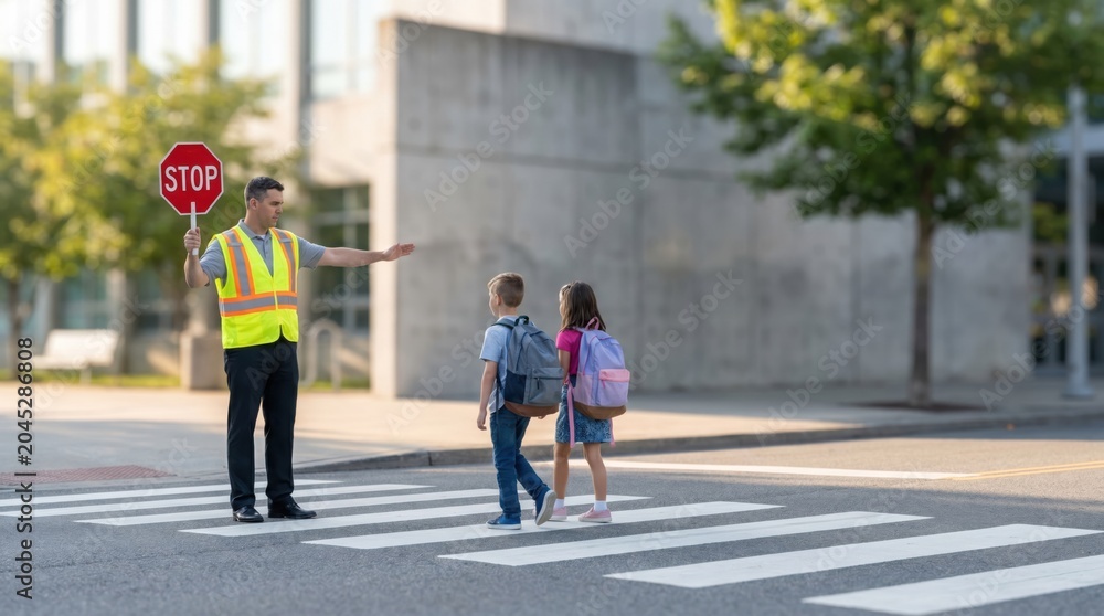 Obraz premium Crossing Guard Helping School Children Cross Street Safely at Pedestrian Crosswalk