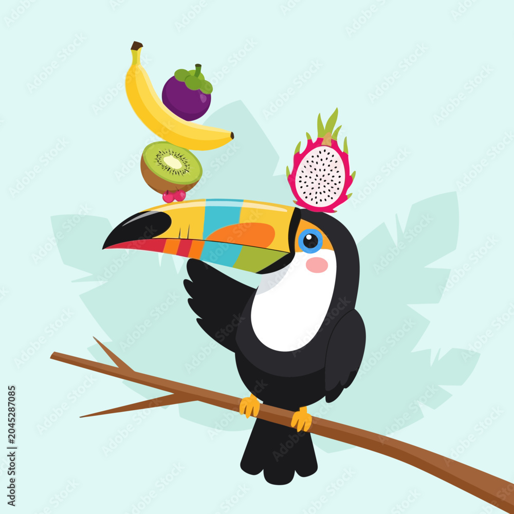 Fototapeta premium Toucan balancing exotic fruits on its beak, tropical bird art