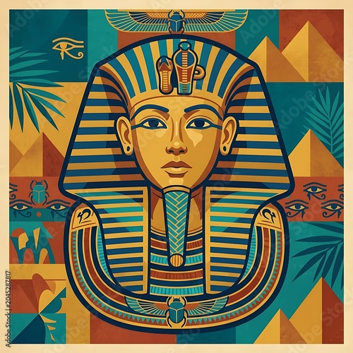 Tutankhamun vector portrait of ancient egyptian pharaoh with symbols