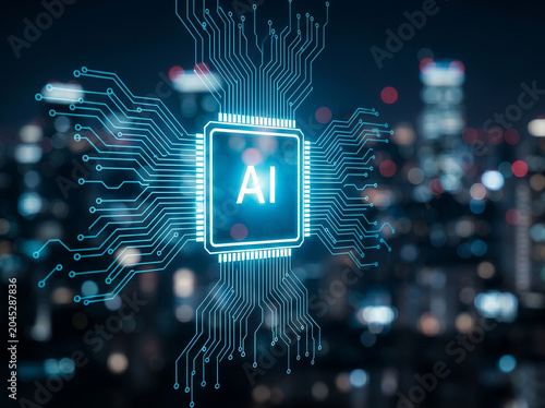 Glowing artificial intelligence AI microchip hologram and circuit board over blurred night city skyline.