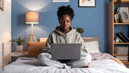 teenage black woman working on laptop sitting cross legged on her bed 