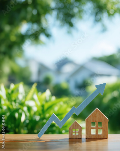 Real Estate Growth: Tiny wooden houses sit on a table with a blue arrow indicating upward growth in front of a lush green natural background.