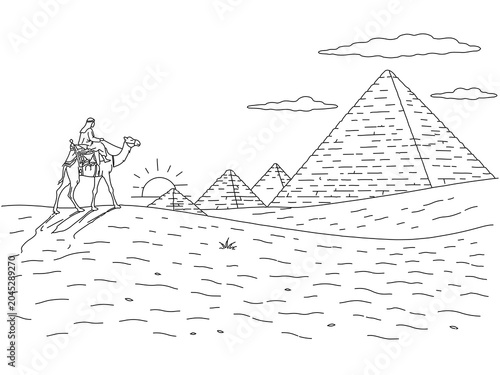 Tableau sur toile Hand drawn line art drawing depicts the greatpyramids of giza in egypt and camel