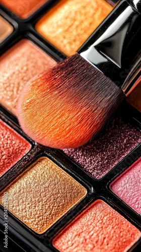 Close-up of a professional eyeshadow brush positioned on colorful pastel shades.