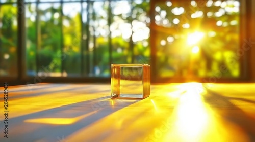 Sunlight casts sharp and defined shadows of a glass cube on a white practice sheet.