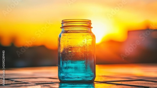 Artistic arrangement of a glass jar on tile, framed by the warm hues of sunset.