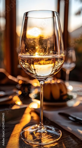 Captivating imagery of a Thanksgiving table adorned with a shimmering white wine glass during golden hour.