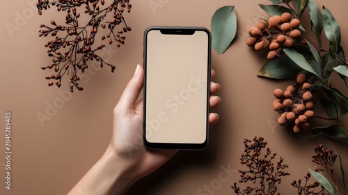 A hand holding a smartphone mockup featuring a blank screen.