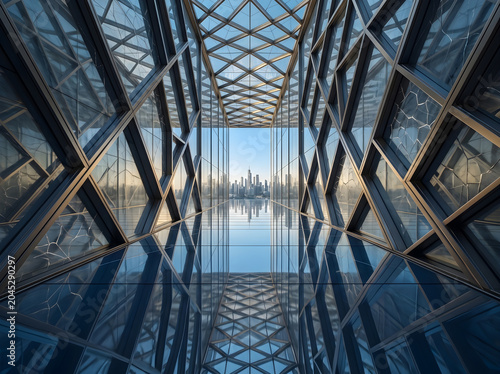 Futuristic glass corridor architecture with perfect floor reflection and modern city skyline view
