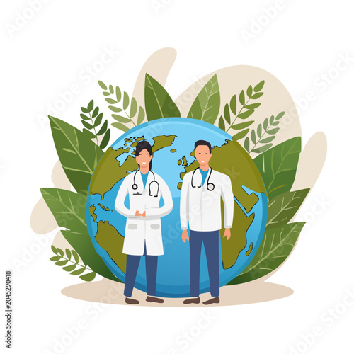 Doctors with Planet Earth and Green Leaves
