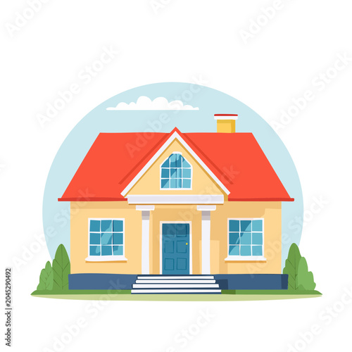 Flat design illustration of a yellow suburban house with a red roof