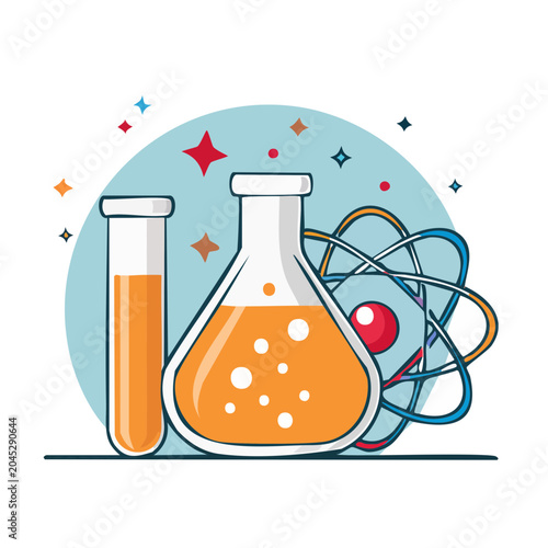 Science equipment and atom model illustration