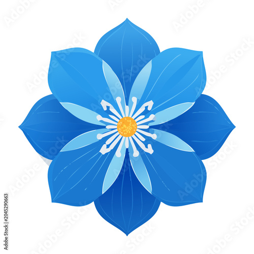 Stylized blue flower with yellow center on white background