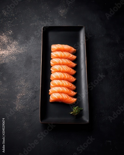 Fresh salmon sashimi slices on black ceramic plate over stone table