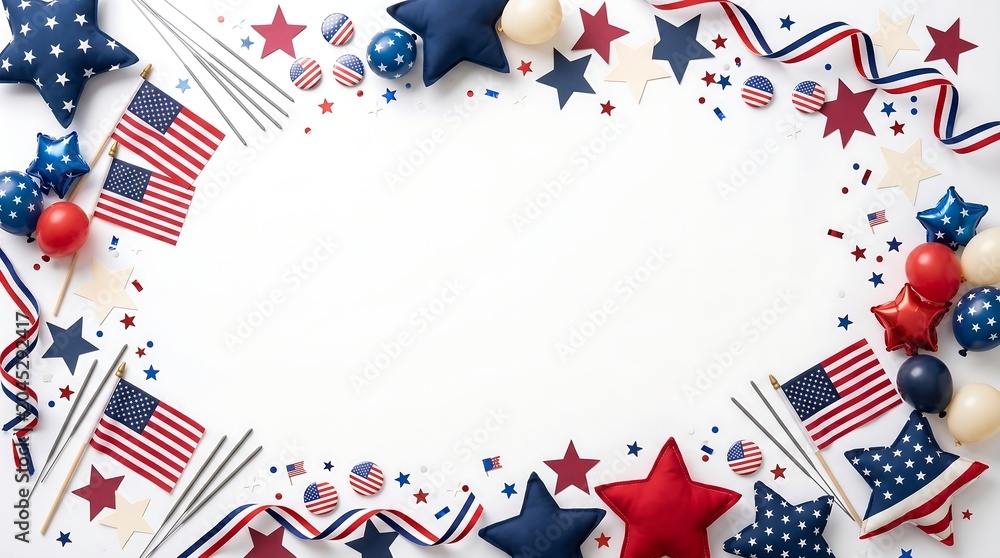 Fototapeta premium 4th of July flat lay frame with flags and empty space