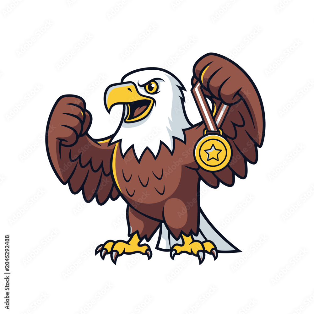 Naklejka premium Cartoon Bald Eagle with Gold Medal - Winning Champion