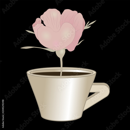 Blooming pink rosebud flower emerging from a tea cup or coffee mug. Funny design.