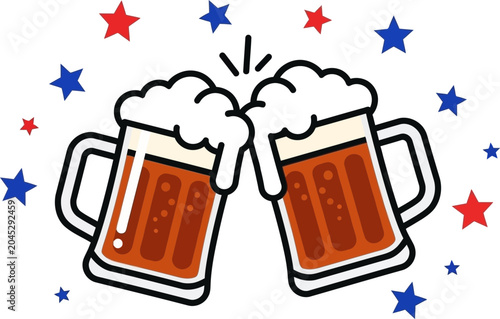 Happy 4th of July celebration with two beer mugs on a festive day in America
