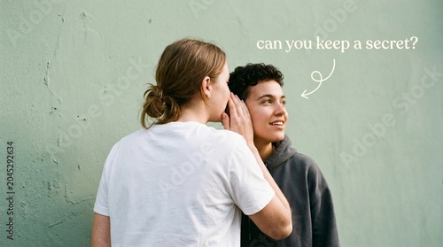 Candid secret sharing between two young women, friends whispering private information, can you keep a secret text on green background