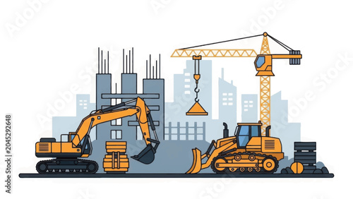 Construction Site Illustration with Heavy Machinery, Crane, Excavator, and Bulldozer Building City Infrastructure