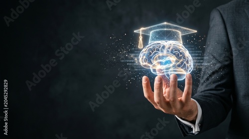 Businessman Holding Digital Human Brain with Graduation Cap for Education