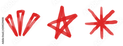 Hand-drawn red watercolor star and starburst doodle set. Isolated abstract brush stroke collection for zine and scrapbook. PNG on transparent background.
