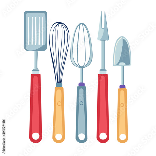Set of colorful kitchen utensils on white background