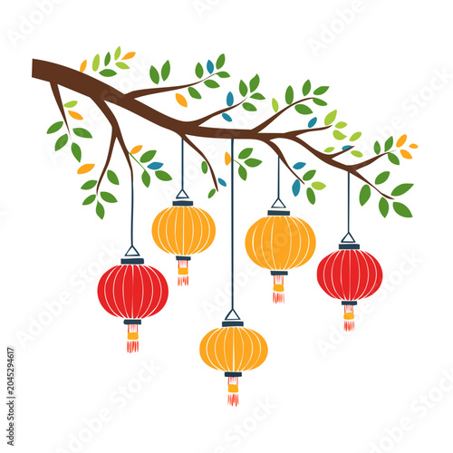 Red and yellow lanterns hanging from a tree branch with leaves