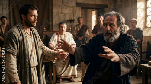 Apostle Paul making the sorcerer Elymas blind during a meeting with the proconsul Sergius Paulus, Biblical scene from the Acts of the Apostles showing divine judgment in ancient Rome