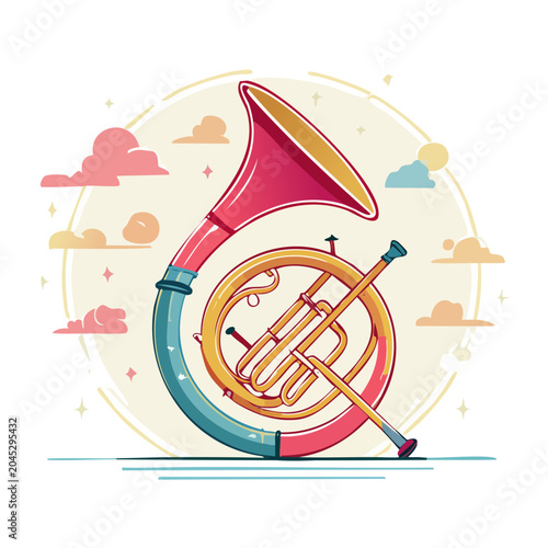 Flat design illustration of a French horn with clouds