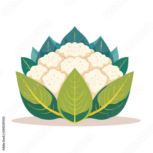 Flat design illustration of a fresh cauliflower with green leaves