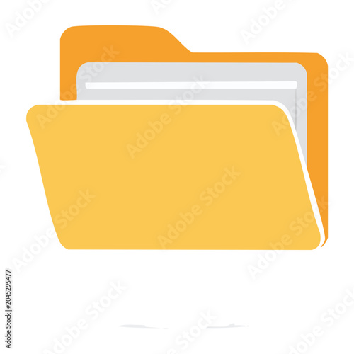 Open yellow folder icon with white paper inside, flat design