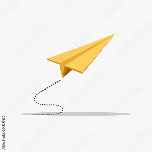 Yellow paper airplane flying with dotted line trail